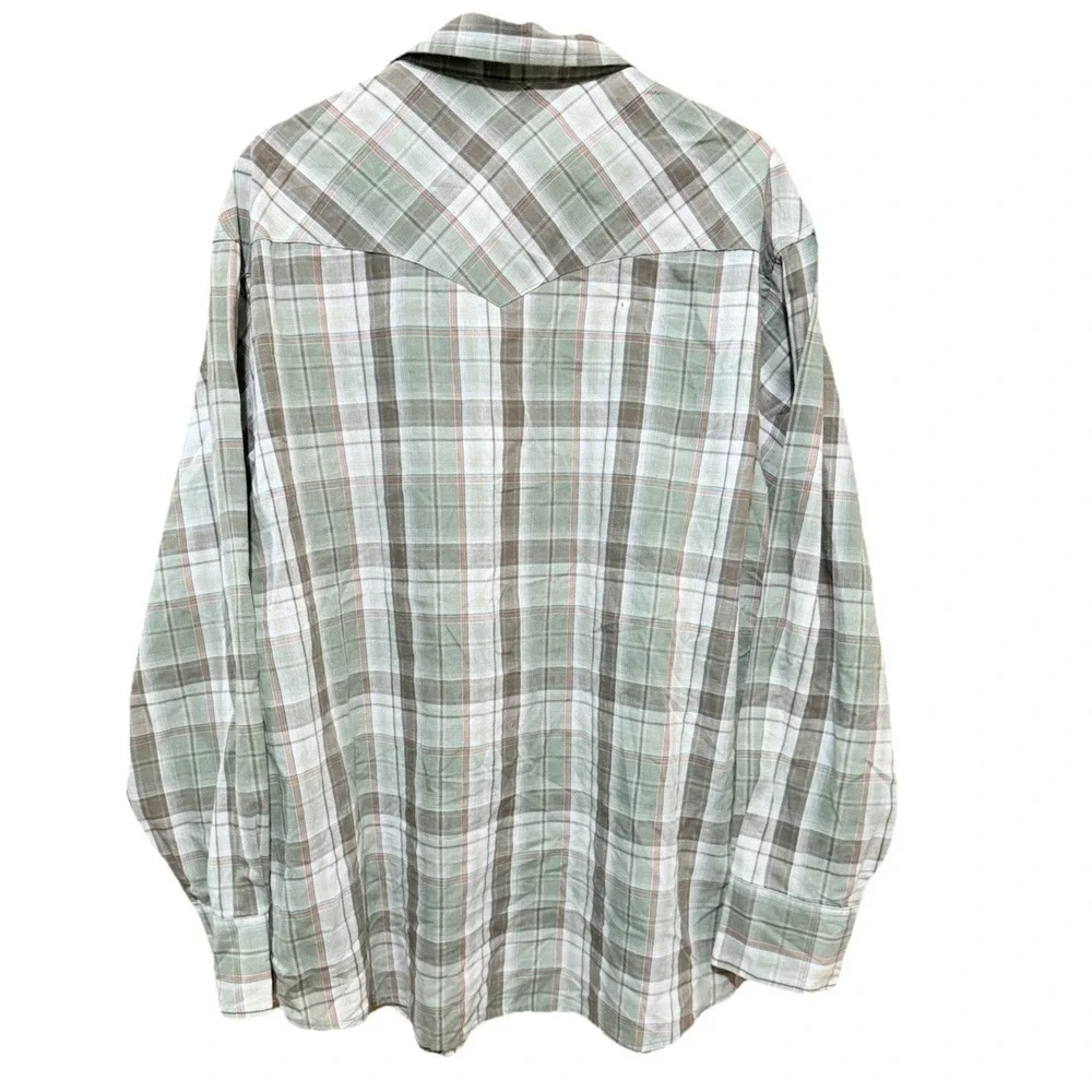 Wrangler Wrancher Pearl Snap Shirt Men's Size XXL Green/Tan Plaid Cotton Vintage